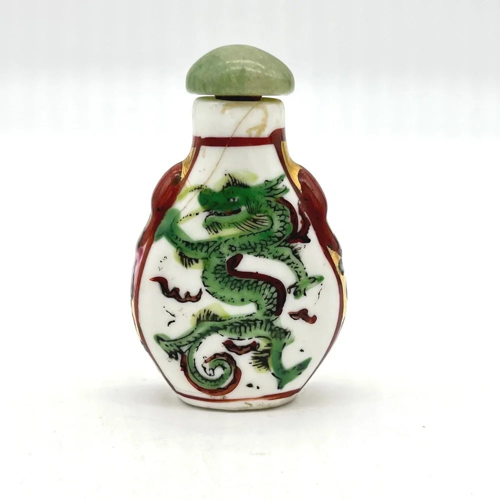 Vintage Ceramic Snuff‎ Bottle Green Dragon Jade Stopper Collectible Asian Art